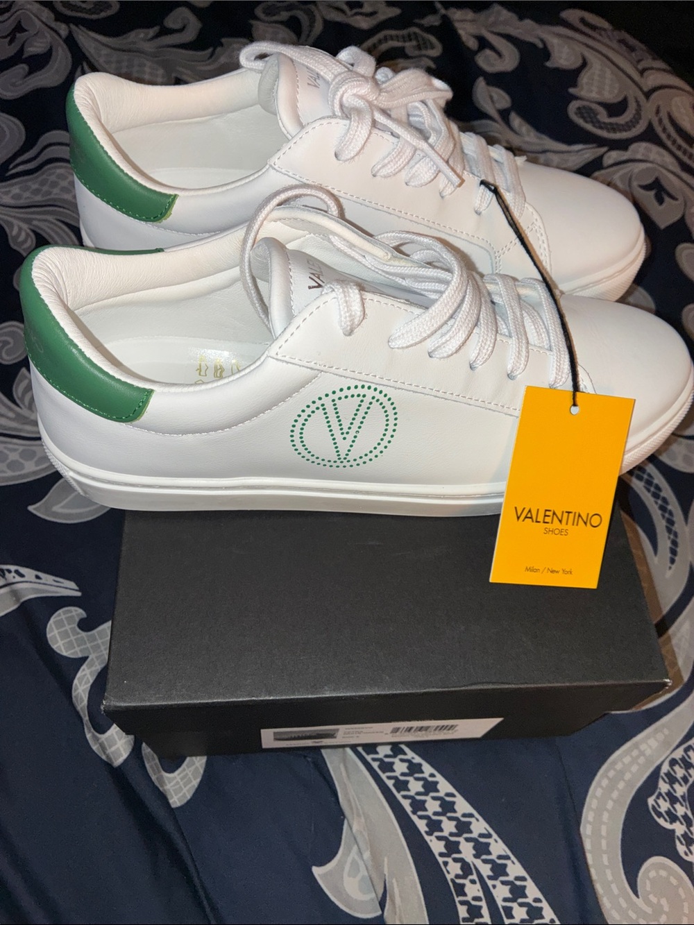 Valentino White Leather Sneakers with Green Heel Tab and Logo ~Size 9~Authentic